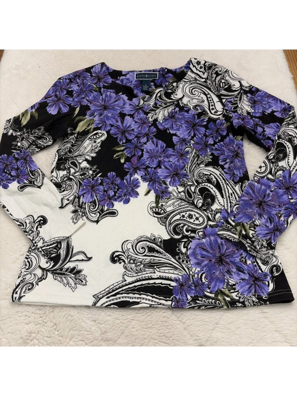 Karen Scott Womens M Damask Floral Shimmer Long Sleeve Tee